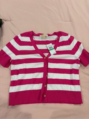 Michael Kors Pink & White Striped Short-Sleeve Cardigan
